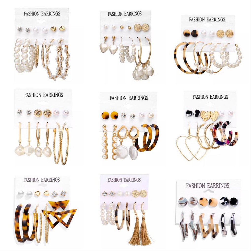 6 Pasang / Set Anting Tusuk Bentuk Lingkaran Aksen Mutiara + Rumbai Gaya Bohemian untuk Wanita