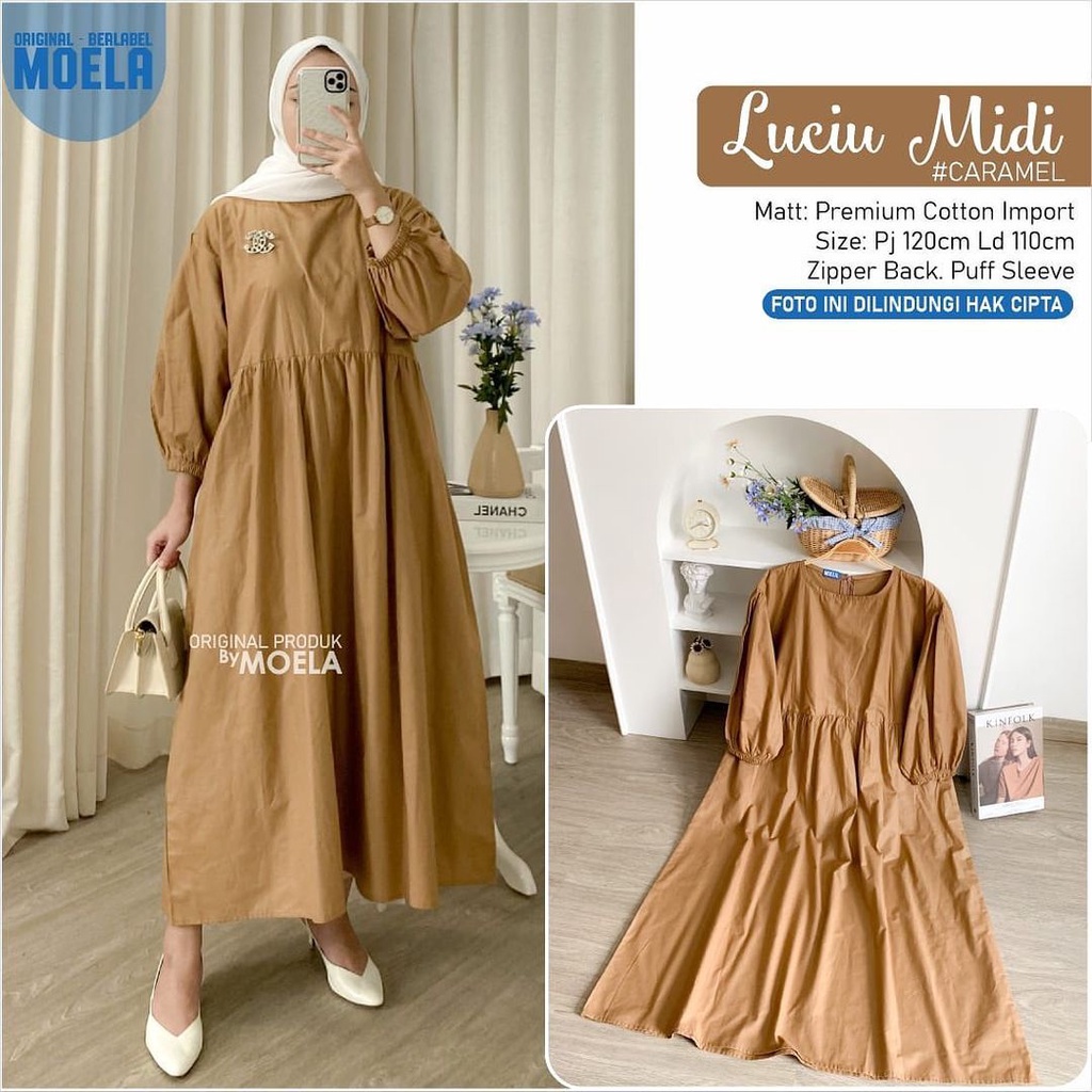 LUCIU Midi Dress Polos wanita Kekinian Terbaru Midi Dress Rayon  Polos Premium Moela