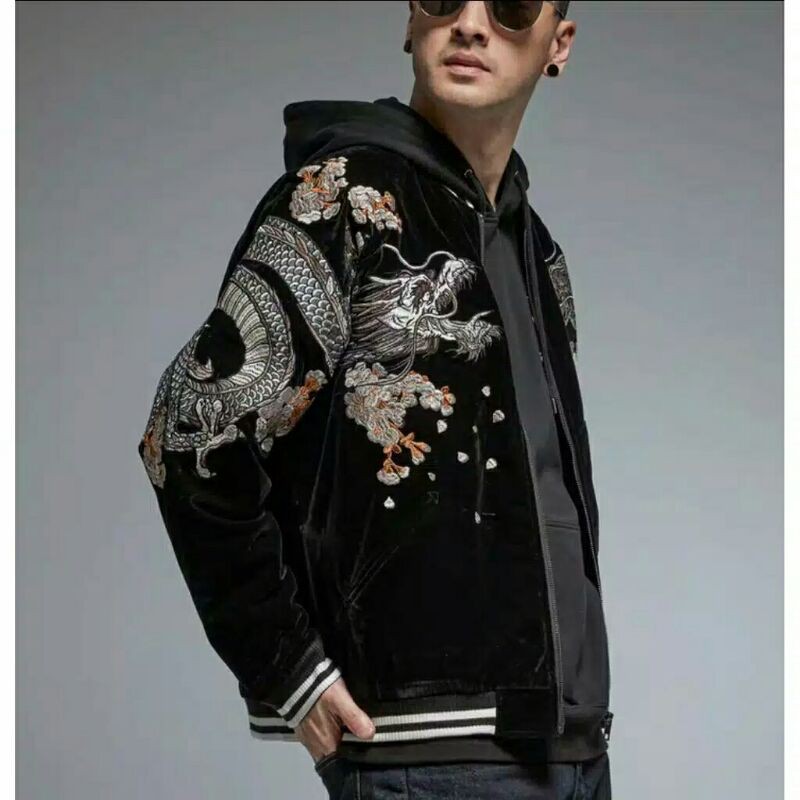 Jacket Sukajan Sweater bordir Jepan Harajuku Dragon velvet Jaket yokosuka Sweter javanes Naga hitam