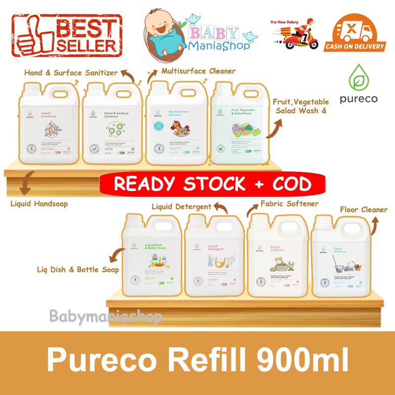 Pureco Refill 900ml Liquid Detergen Fruit Vegetable Bottle Baby Wash Fabric Softener Floor Cleaner