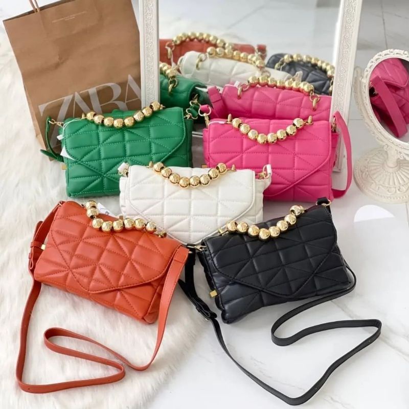 ZARA BEAD HANDLE QUILTED CROSSBODY BAG INCLUDE PAPERBAG