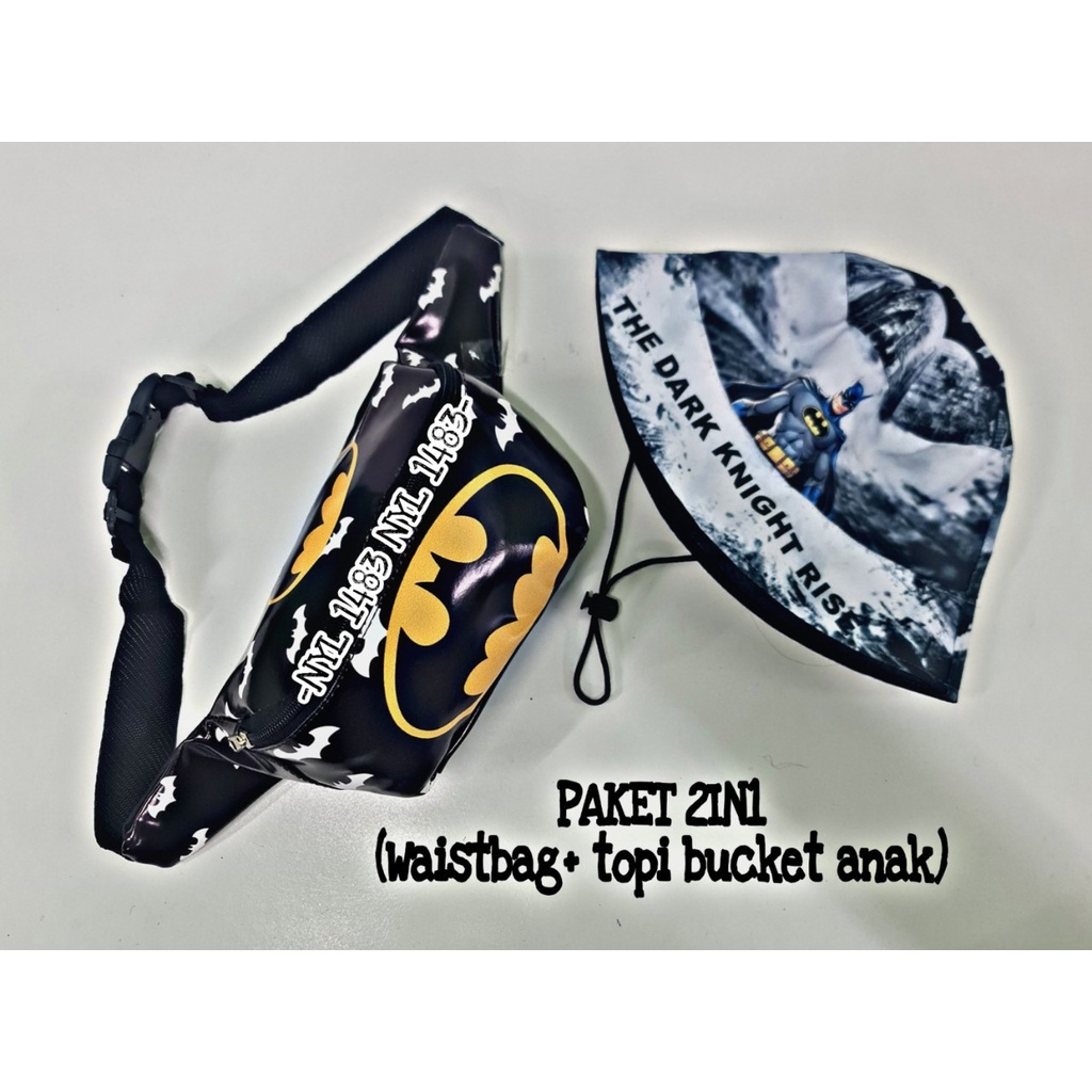 Paket anak 2 in 1 Waistbag anak laki laki dan topi Bucket anak karakter kartun untuk usia 2-9 thn