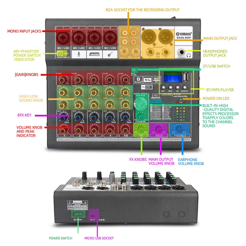 Mixer Audio Profesional DX06-DSP DSP16 bawaan Mendukung mode EQ fungsi perekaman Bluetooth/USB/PC/MP3 Peralatan Audio Profesional