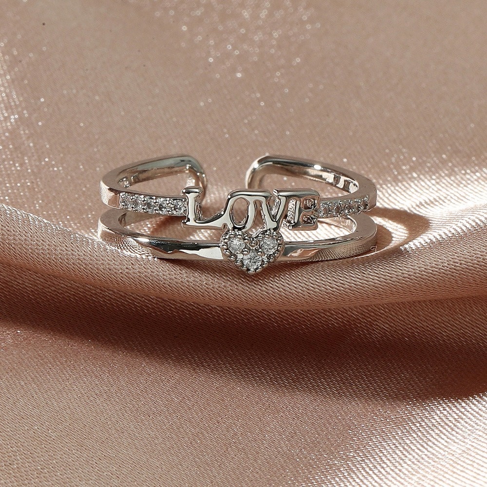 Cincin Multilayer Adjustable Desain Hati Hollow Hias Berlian Gaya Korea Untuk Wanita