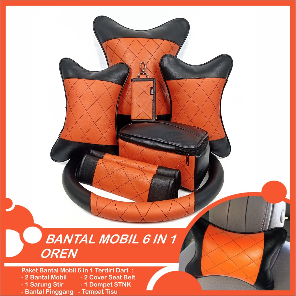 Set Bantal Mobil 6 in 1 Premium Bantal Leher Pinggang Cover Stir Seatbelt Tempat Tisu Free  Dompet STNK