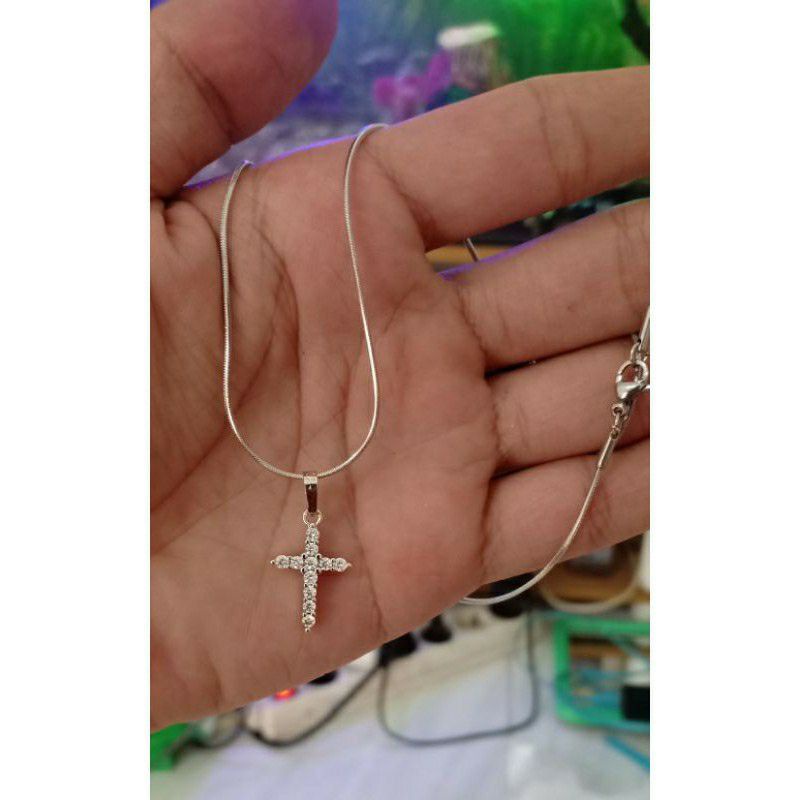 Kalung Salib Perak Silver lapis emas putih Permata anti karat aksesoris wanita fashion Anti Karat