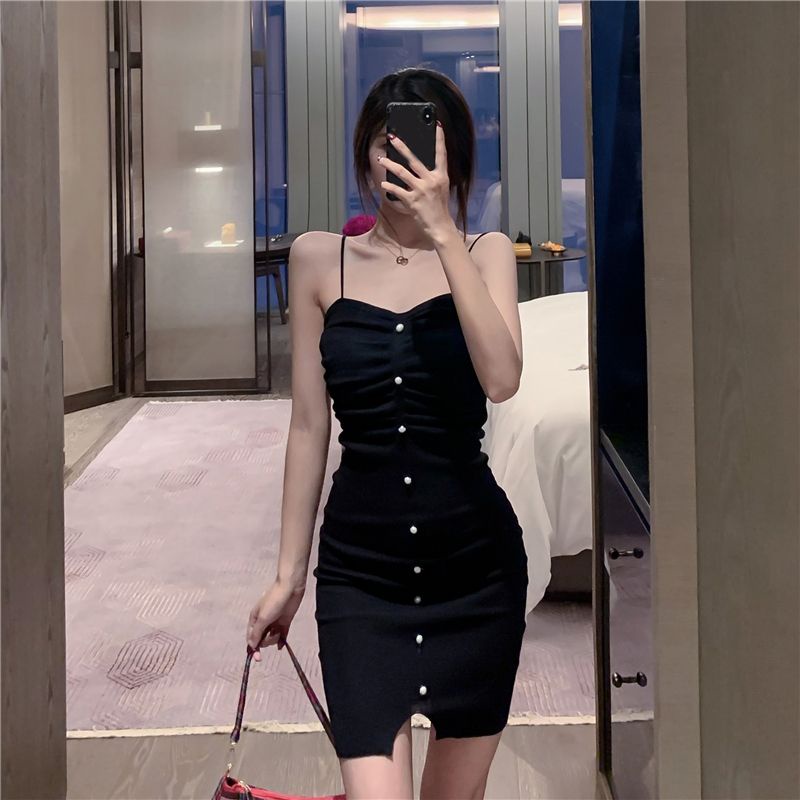 Musim panas baru fashion temperamen seksi chic rajutan rok suspender mutiara