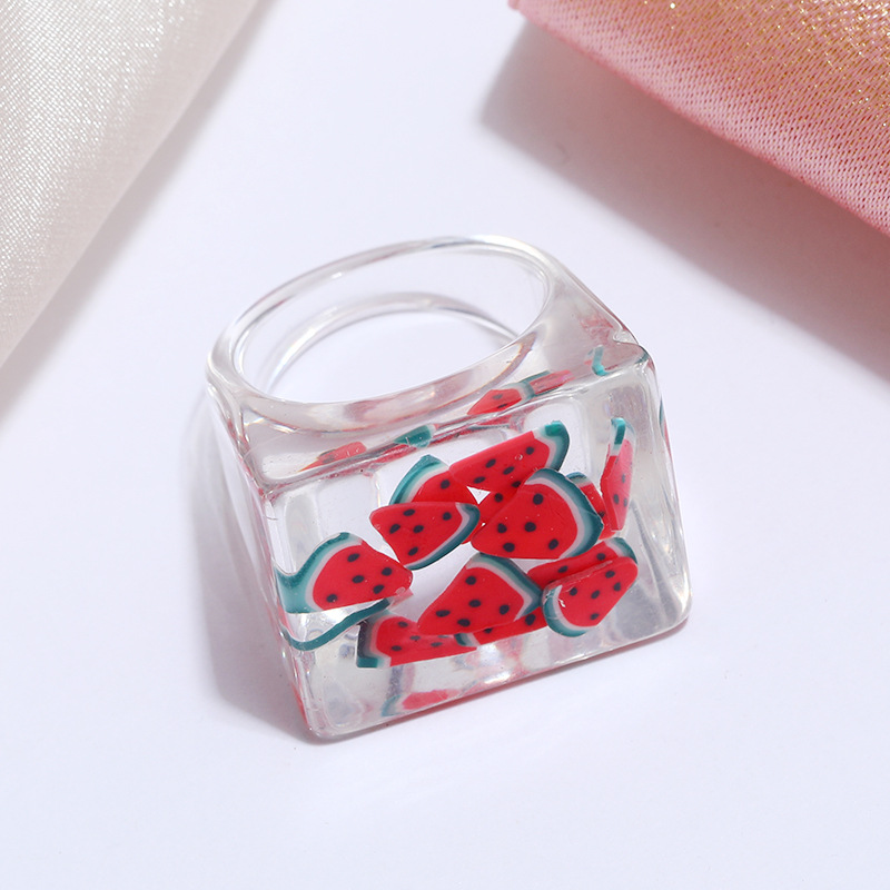 Korean Summer Transparent Acrylic Color Fruit Wide Version Ring for Women Fashion Jewelry