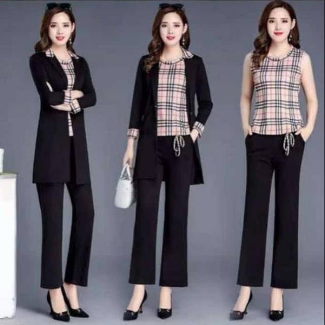 Setelan celana motif burberry premium