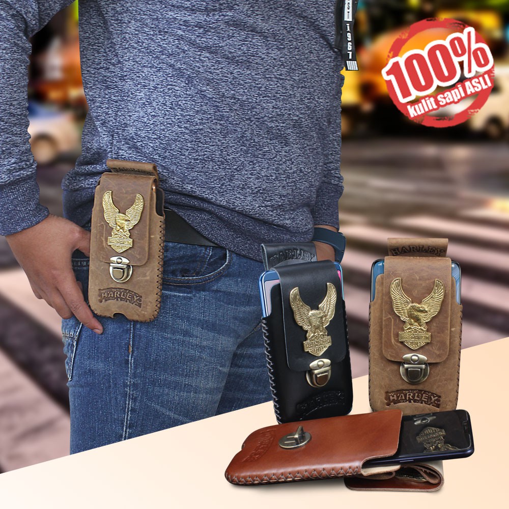 Tas Pinggang HP Cowok Waistbag Pria Bahan dari Kulit Sapi Asli Premium PIN Harley Davidson P001