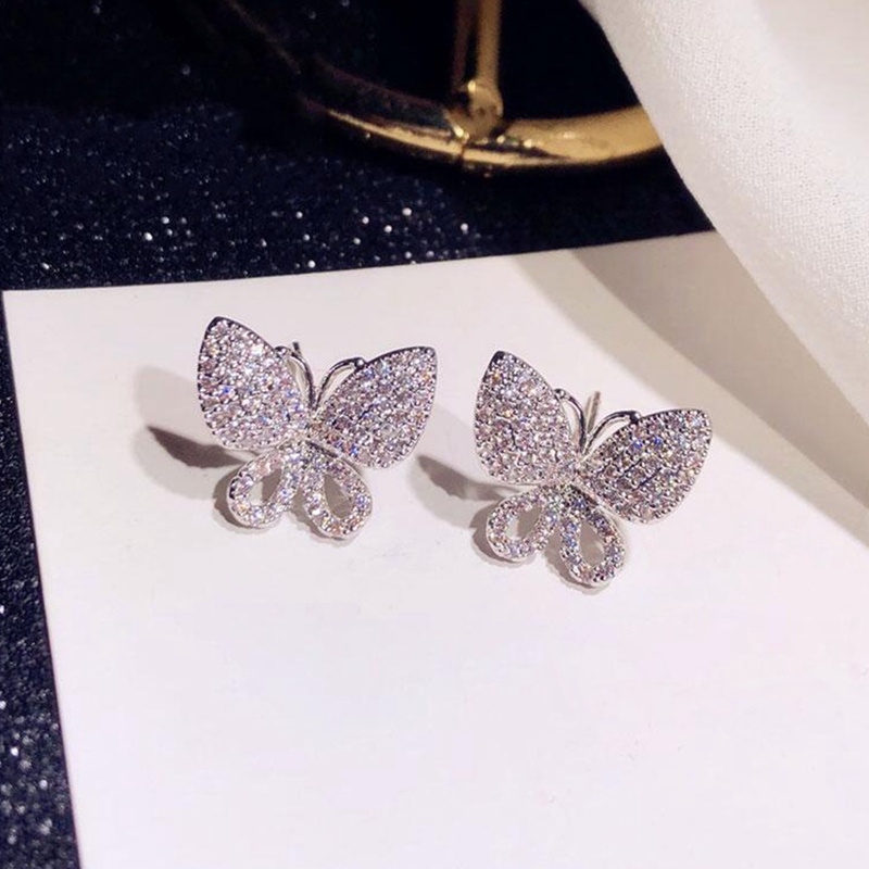 Anting Stud Desain Kupu-Kupu Aksen Kristal Untuk Wanita