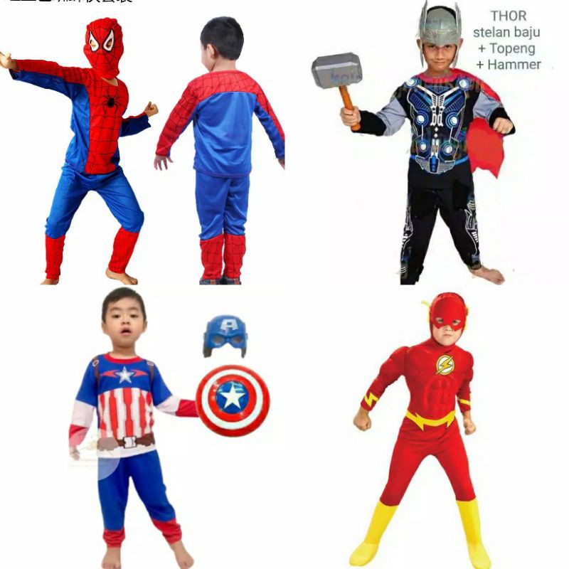 KOSTUM BAJU ANAK SPIDERMAN TOPENG KAIN THOR PALU CAPTAIN AMERICA TAMENG THE FLASH