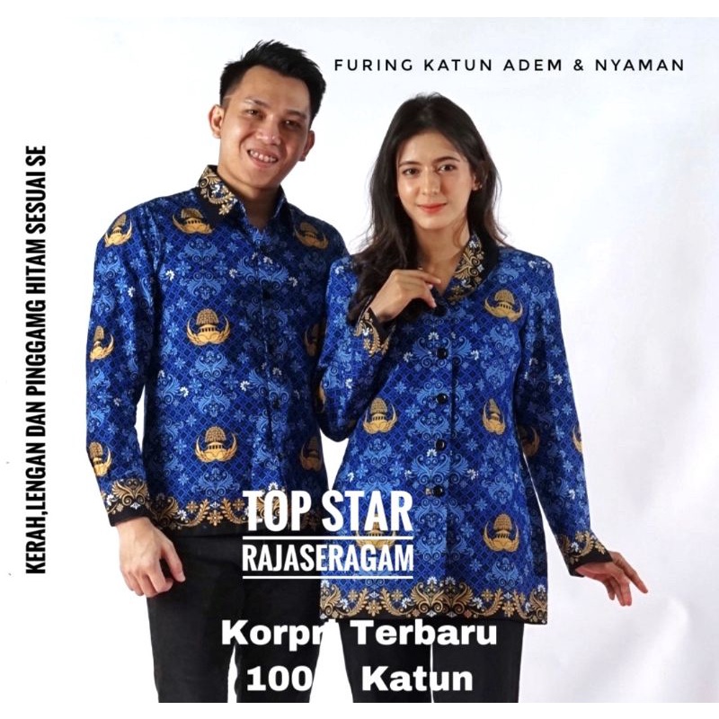 Baju Seragam Kemeja Blus Pria Wanita Batik KORPRI Furing Dinas Biru PNS Terbaru