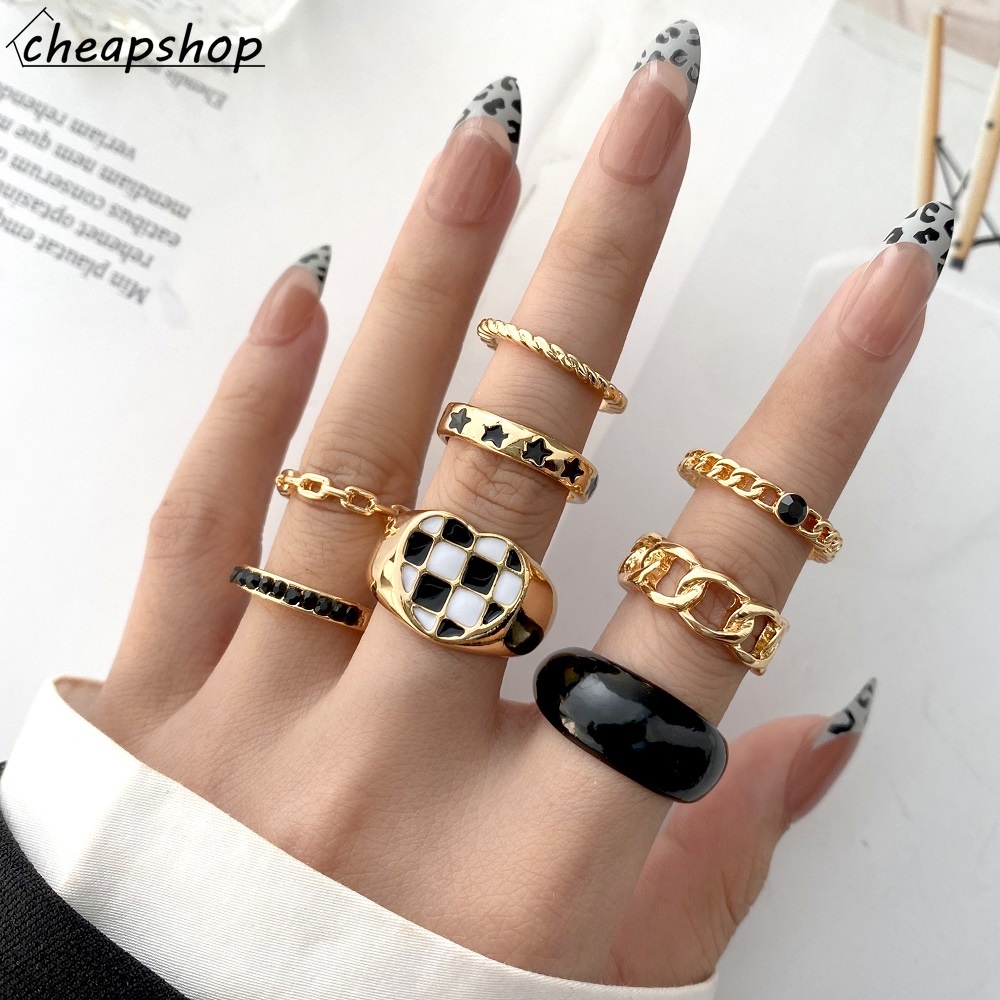 IFYOU 8pcs / Set Cincin Resin Desain Bintang Grid Hitam Putih Gaya Vintage Untuk Wanita