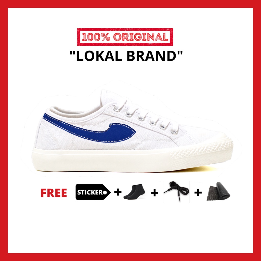 ORIGINAL - Sepatu Brand Lokal Kasual Pria Wanita No Brand White Blue Low Not Sneakers Compass Gazelle Putih Biru