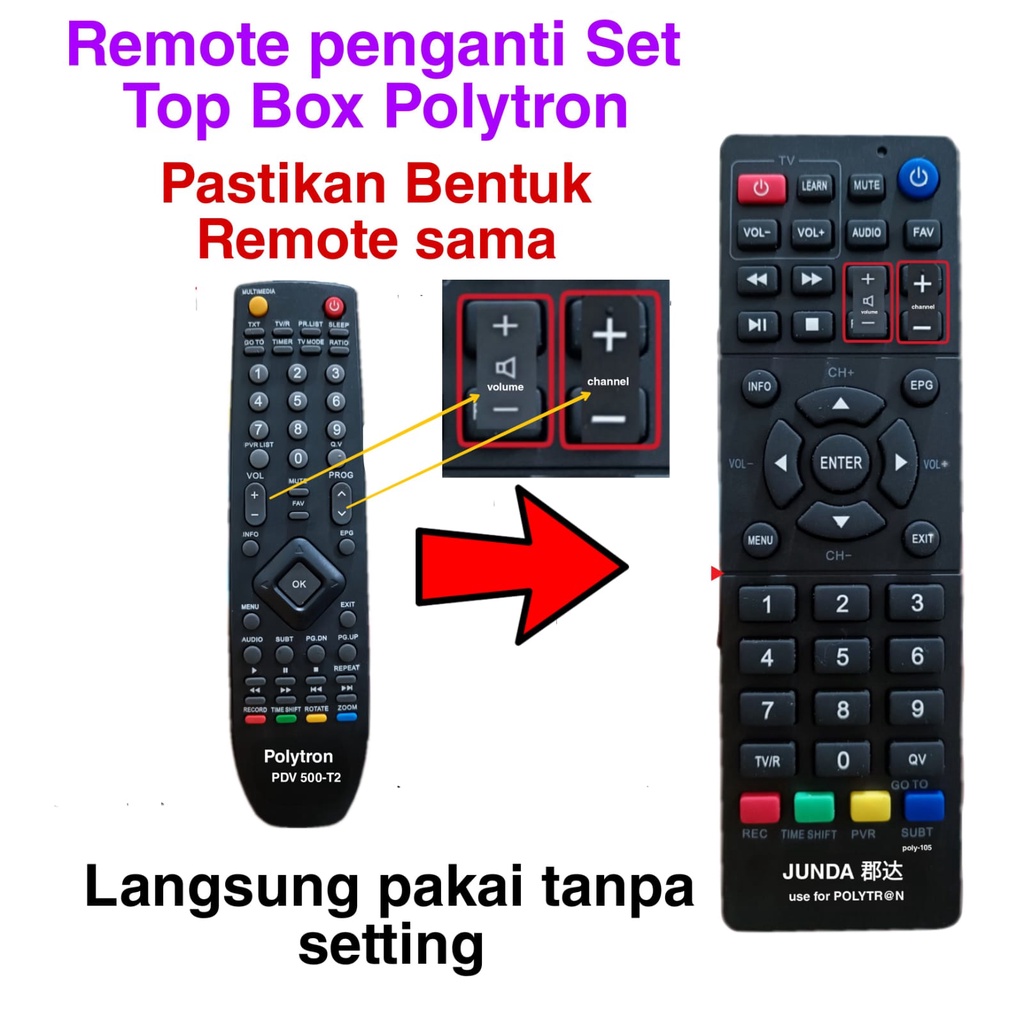 REMOTE STB POLYTRON PDV 500 DVB-T2 JUNDA POLY-104 SEPERTI ORIGINAL