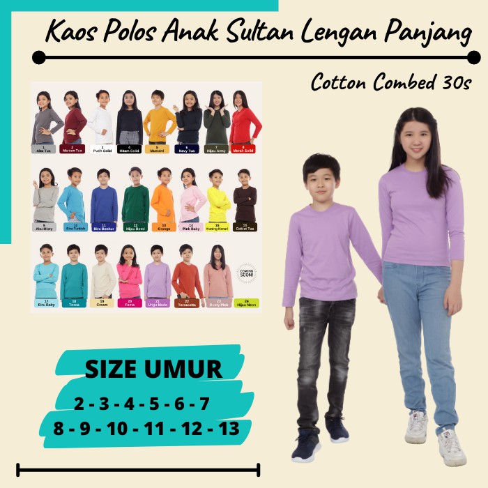 Baju Kaos Polos Anak lengan Panjang Warna Ungu Muda Untuk Usia 2 Tahun sampai Dengan 13 Tahun