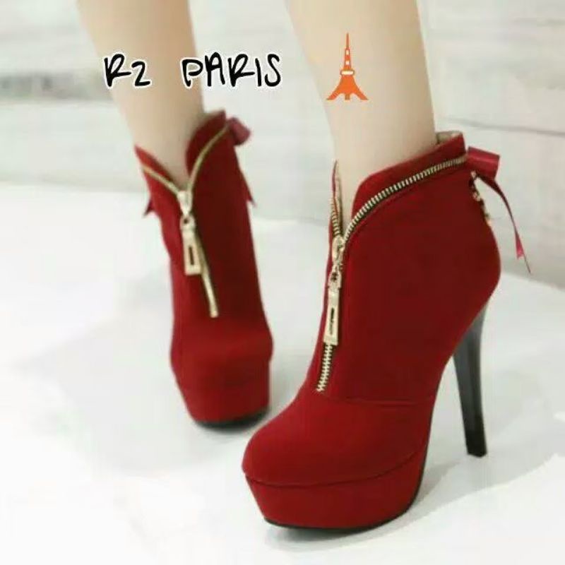 sepatu boot heels wanita fashion sleting depan  pita belakang