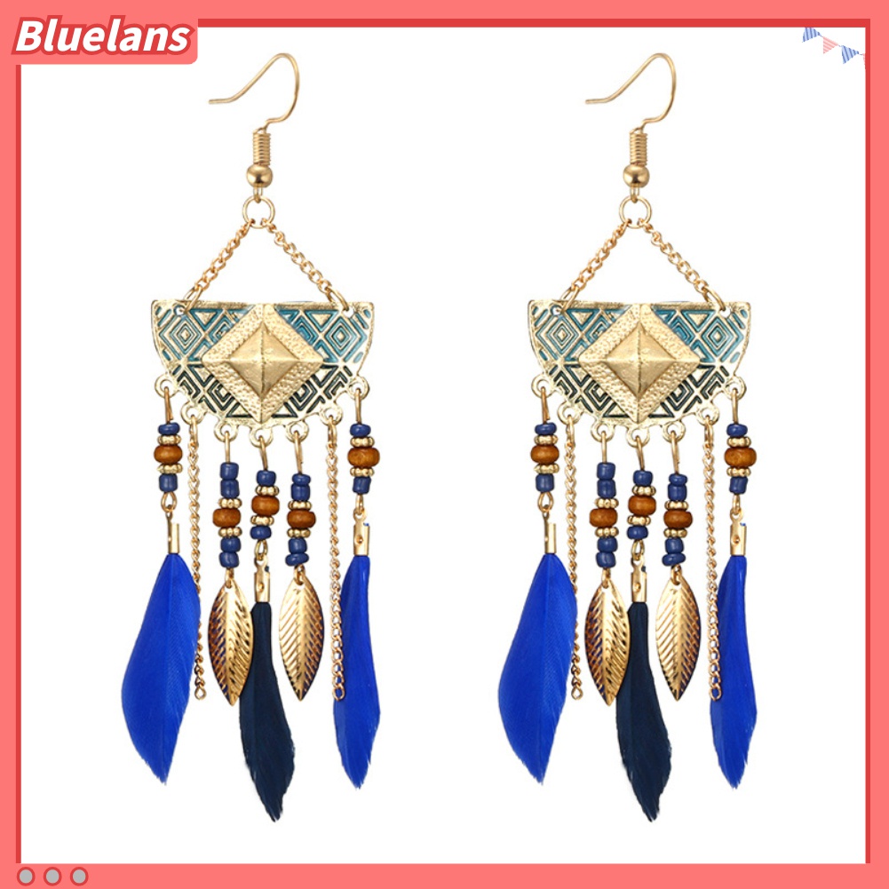 Anting Kait Bentuk Kipas Aksen Manik-Manik Rumbai Bulu Gaya Bohemian Untuk Wanita