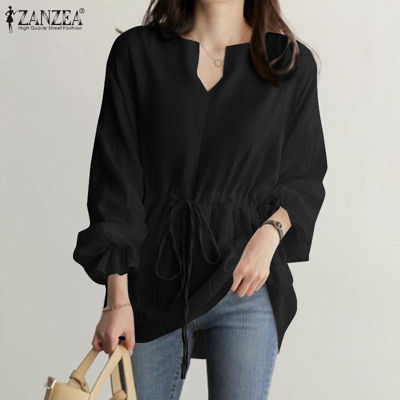 ZANZEA Women Drawstring Waist Long Puff Sleeve Loose Elastic Cuff Casual Blouse