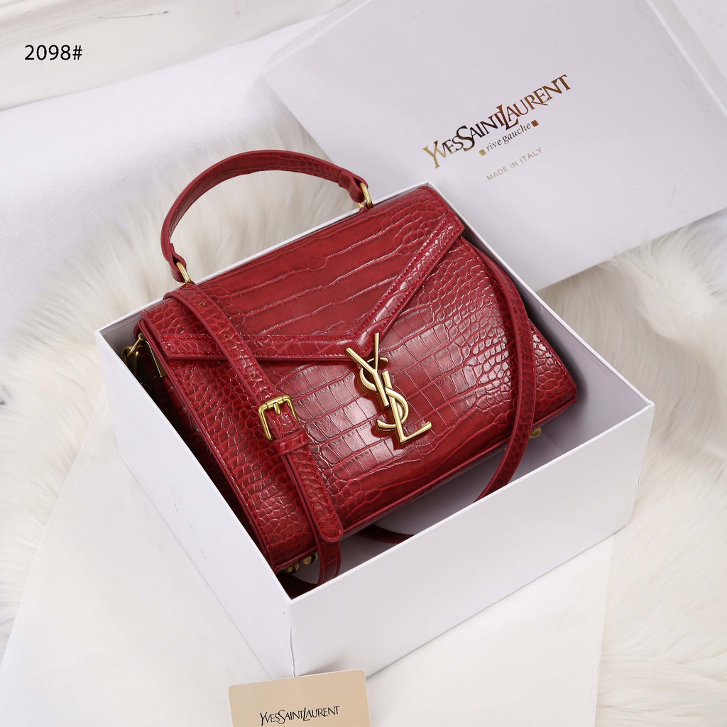 2098 (HB) Cassandra Top Handle Bag in YSL Crocodile-Embossed Shiny Leather
