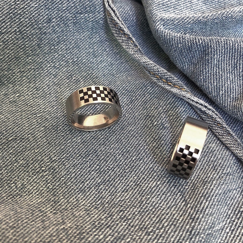 Checkerboard Checker Ring Accessories Trendy Titanium Steel Hip Hop Diablo