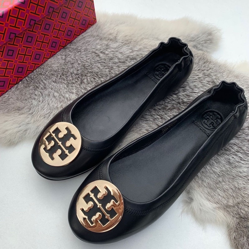 Authentic Tory Burch Original TB Flat Travel Shoes Sheepskin Sepatu Wanita Balet