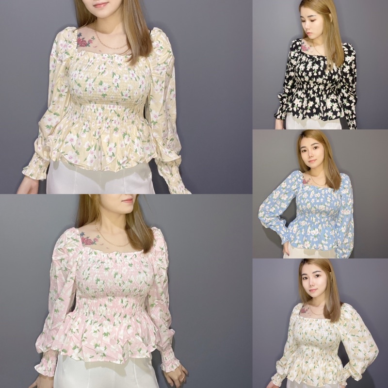 Crop Top / Atasan Wanita Import / Sabrina Top / Baju Wanita lengan panjang / motif Bunga / Fashion W