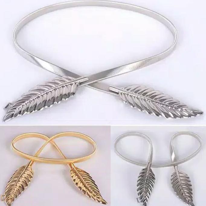[BISA COD] Ikat Pinggang/Sabuk (Belt) Korea Elastis Daun Kembar Kait besi Silver