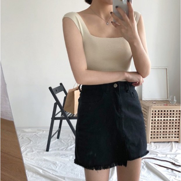 T08 tank top wanita pakaian atasan tanktop cewek korea rajut square neck inner wear-Beige