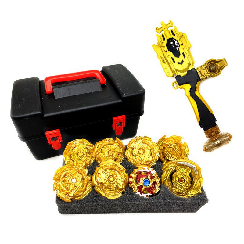 8pcs Golden Beyblade Set Gyro Burst With Launcher Portable Storage Box Kids Gift