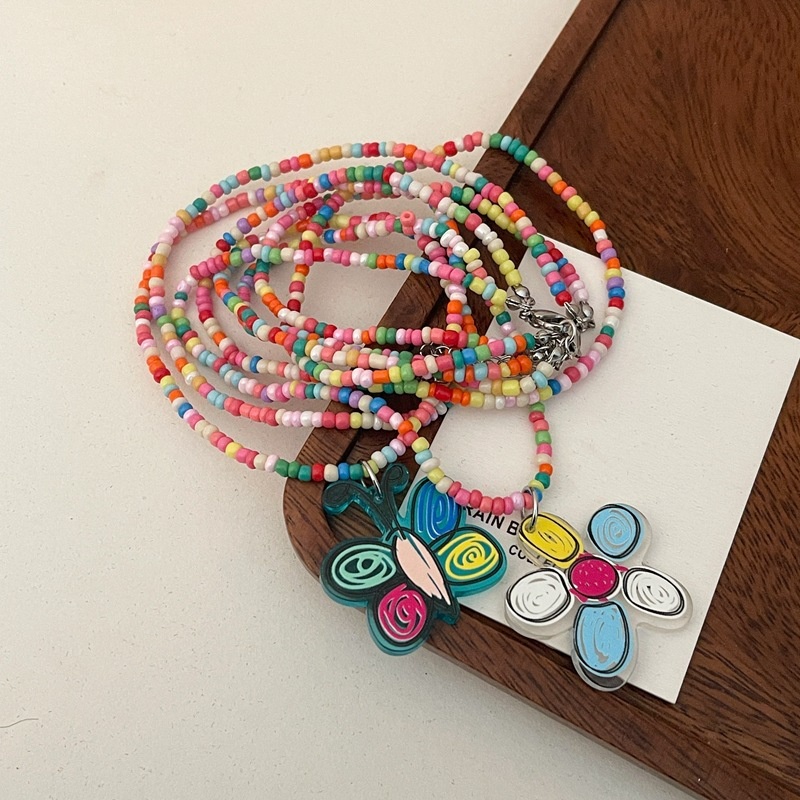 Kalung Rantai Klavikula Hias Manik-Manik Kupu-Kupu Bunga Warna-Warni Gaya Vintage Korea