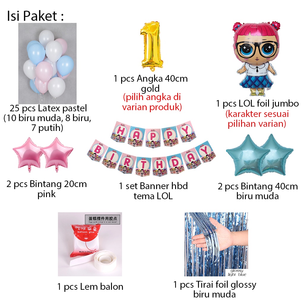 [PAKET] BIRTHDAY Set BANNER BLUE PINK LOL CURTAIN Dekorasi Pesta Ulang Tahun Anak