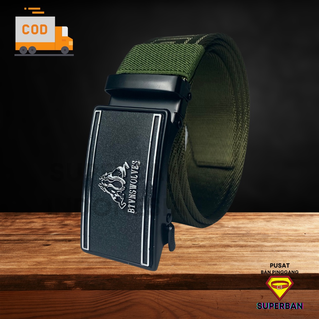 IKAT PINGGANG HIJAU ARMY LUXURY CANVAS MOTIF AUTOMATIC BUCKLE NYLON SABUK GESPER KEPALA REL OTOMATIS MODERN - SUPERBAN