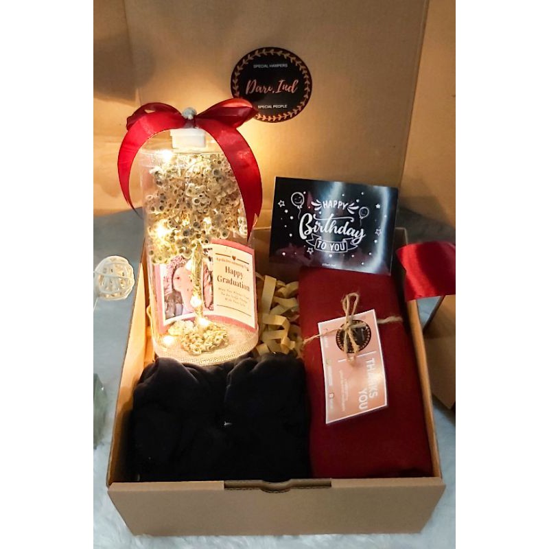 Gift Set Bunga LED Tabung &amp; Hijab Bella Square Parcel Lebaran Kado Ulang Tahun Kado Wisuda Kado Birthday Kado Untuk Pasangan Kado Cewek Graduation Hampers Idul Fitri