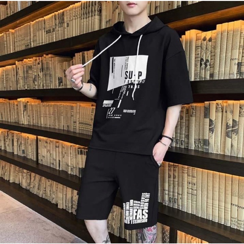 STELAN HOODIE PRIA HARAJUKU LENGAN PENDEK SETELAN COWOK DAN CELPEN PREMIUM