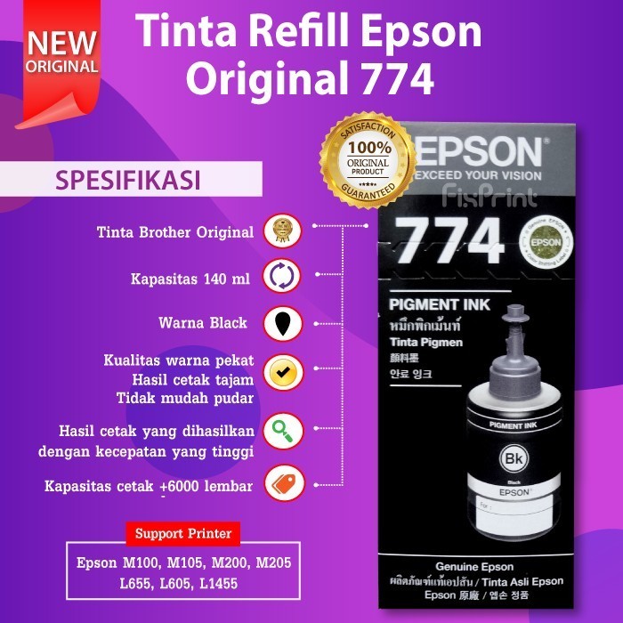 Tinta Epson T7741 Black HITAM Original T774 PRINTER M100 M200 K200 FI432
