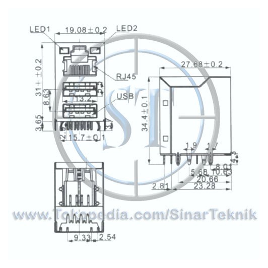 BA-103-3S2L Socket RJ45 Motherboard 2 Socket USB 2 Led 20 Kaki 8P8C