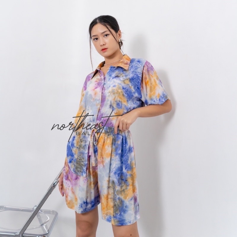 NORTHEAST BALI | KAMELLA TIE DYE SET | SET KEMEJA LENGAN PENDEK CELANA RAYON | SETELAN PIYAMA BAJU T
