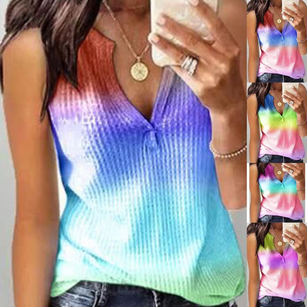 Tank Top Rajut V neck Tanpa Lengan Motif Print Tie  Dye  