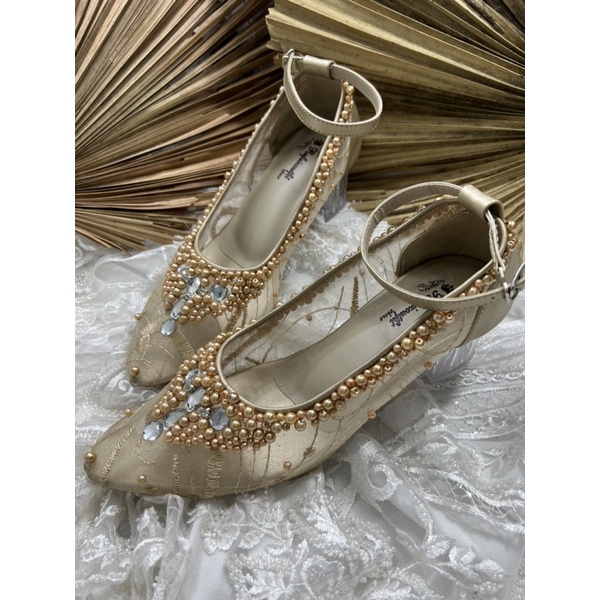 sepatu wedding wanita sayfira gold tali 5cm kaca