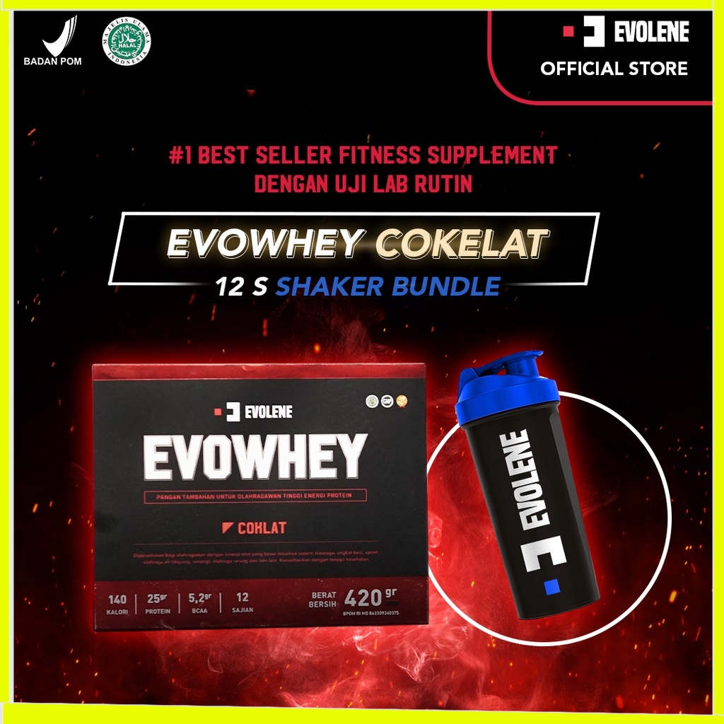 

Evolene | Whey Protein | Coklat | 456gr/12 Sachet | + Shaker | Biru | workout BPOM HALAL