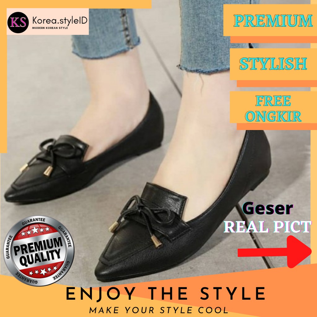 Flatshoes hitam polos bahan kulit | sepatu wanita flatshoes kulit | sepatu flat shoes hitam
