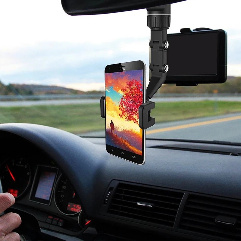 Holder Handphone Universal Multifungsi Dapat Berputar 360 Derajat ° Bracket Klip Mount Kaca Spion Tengah Mobil Rotasi Adjustable Holder Handphone