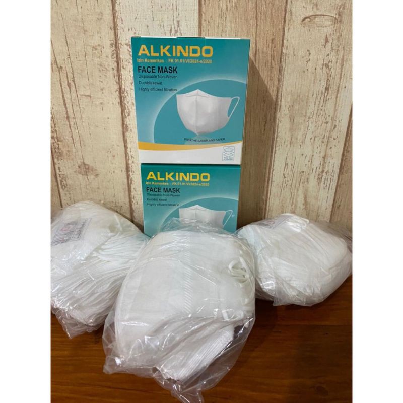 Jual 50PCS MASKER ALKINDO DUCKBILL PUTIH DEWASA ADA KAWAT 3PLY KEMENKES ...