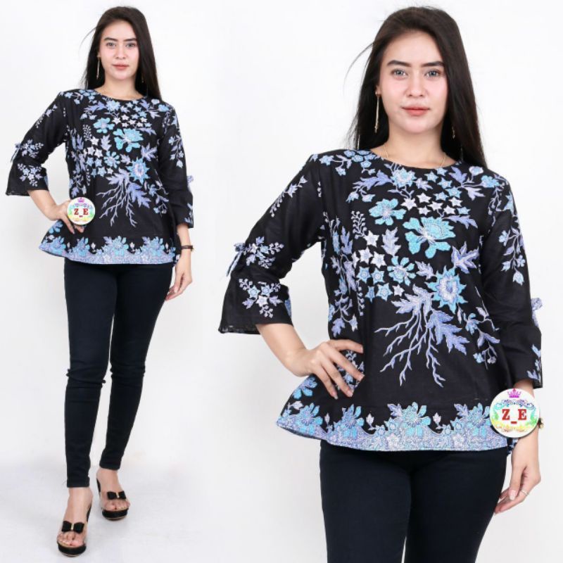 ATASAN BATIK WANITA M L XL XXL-D Blus sakura biru