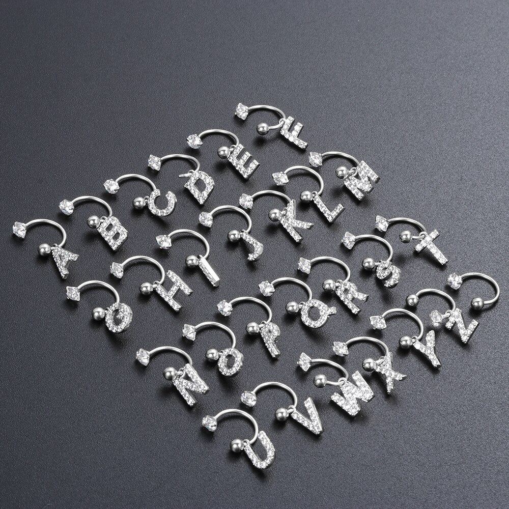 1PC 26 English Letter Zircon Pendant Hoop Ear Cartilage Earrings Stainless Steel Initial Helix Piercing Earring