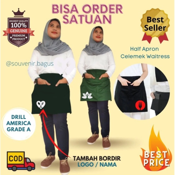 Apron Bordir Celemek waitress tambah bordir celemek setengah badan half Apron waiter pelayan celemek drill apron celemek tebal