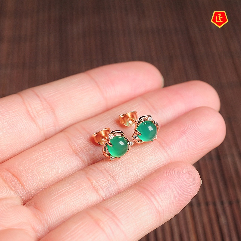 [Ready Stock]925 Silver Inlaid Ice Transparent Jade Flower Ear Studs