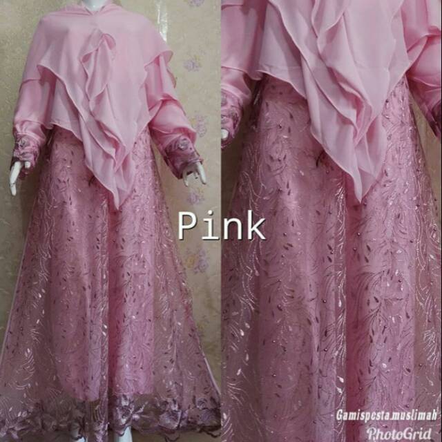 Gamis Syar'i Matt Tile Bordir Timbul motif bunga ( Pink )